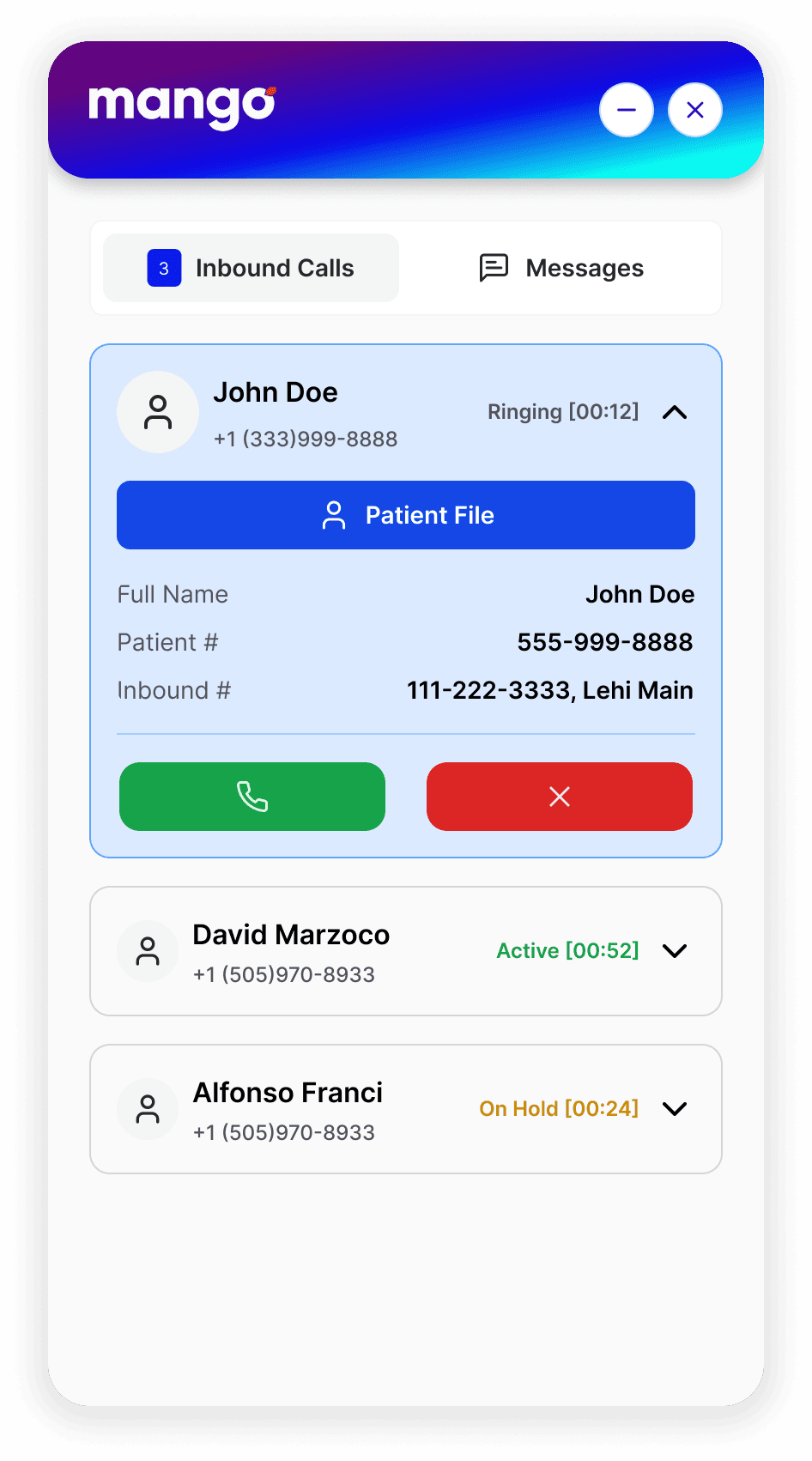 Incoming call pop showing a patient's details pulled from the connected practice software